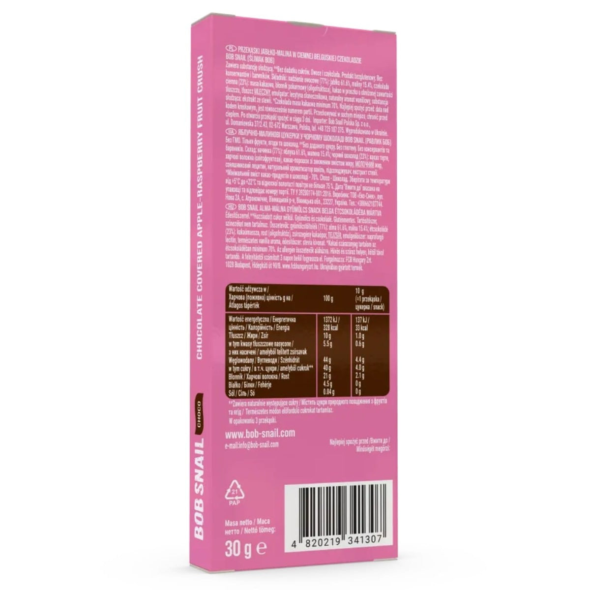 Bob Snail Apple & Raspberry Snack in Belgian Chocolate - 30 g