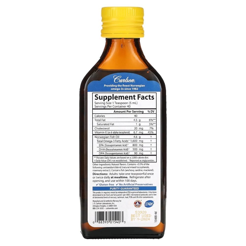 Carlson Labs Norwegian The Very Finest Fish Oil, 1600 mg Omega-3, Lemon - 200 ml